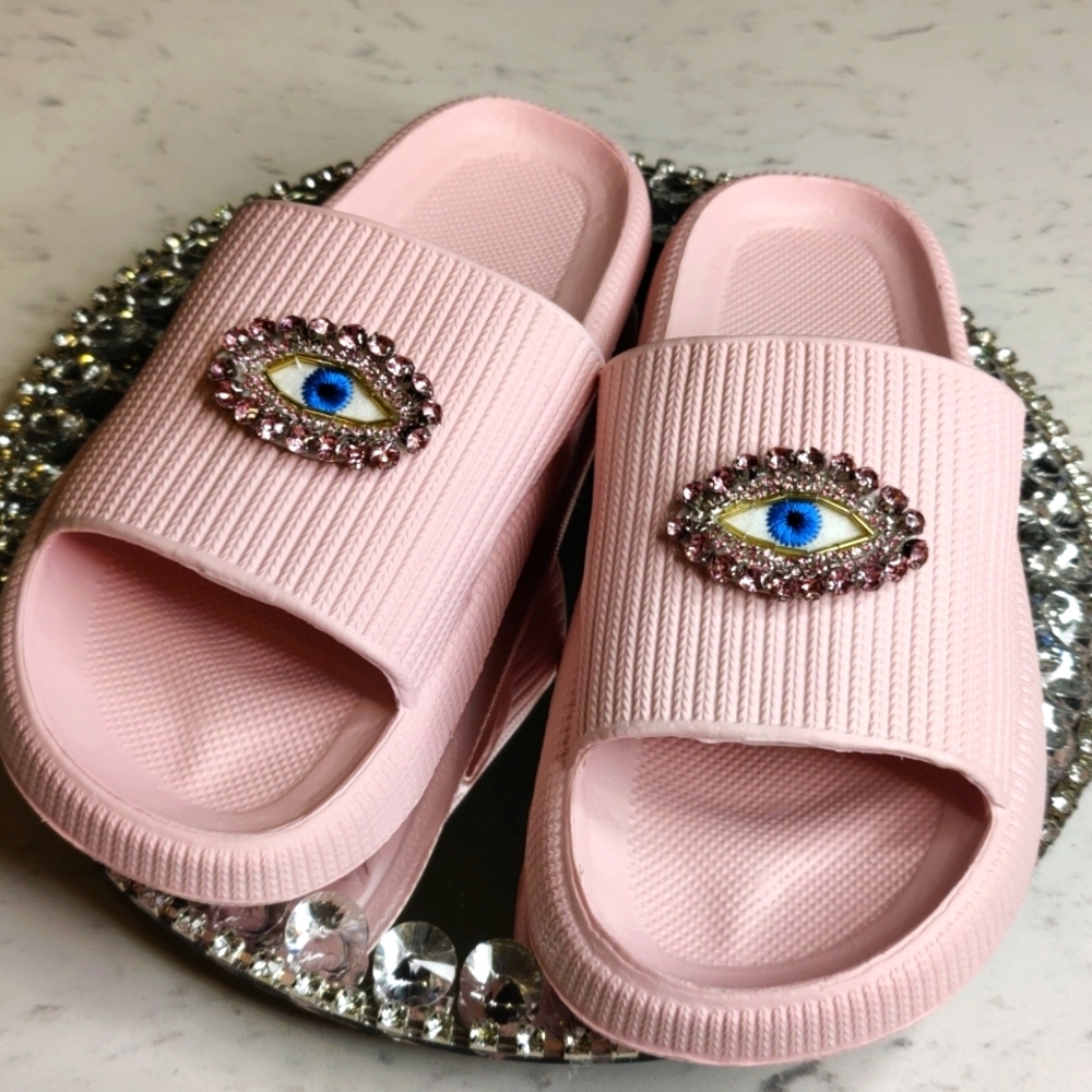 Pink Evil eye Rhinestone slides size 10 - Picture 6 of 8